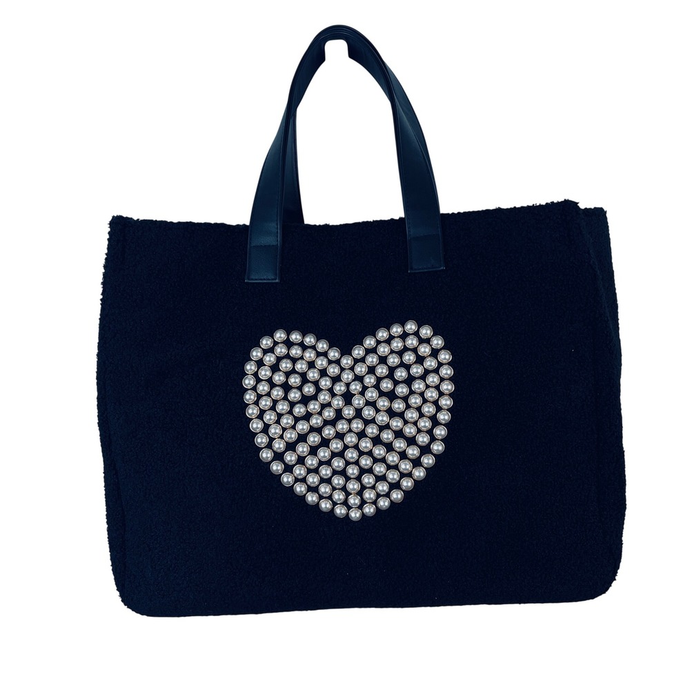 BTB Los Angeles Black Sherpa Tote Bag Faux Pearl Heart Oversized Carryall